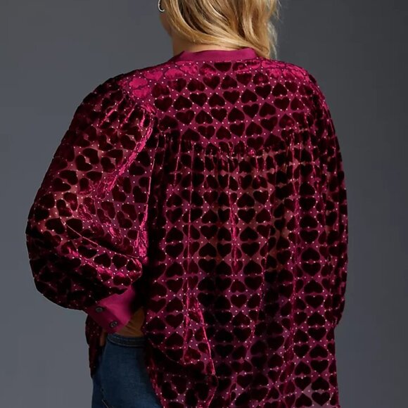 Anthropologie Maeve Velvet Burnout Blouse Heart Red Sheer Top - Picture 2 of 14